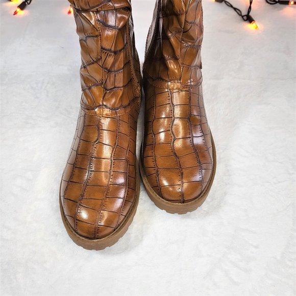 Furry Tan Croc Faux Fur Fold Over Cuff Winter Mid Calf Boots - Picture 4 of 8